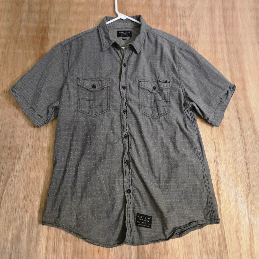 Marc Ecko Cut & Sew Mens Medium Gray Short Sleeve Button Down Shirt Diamond
